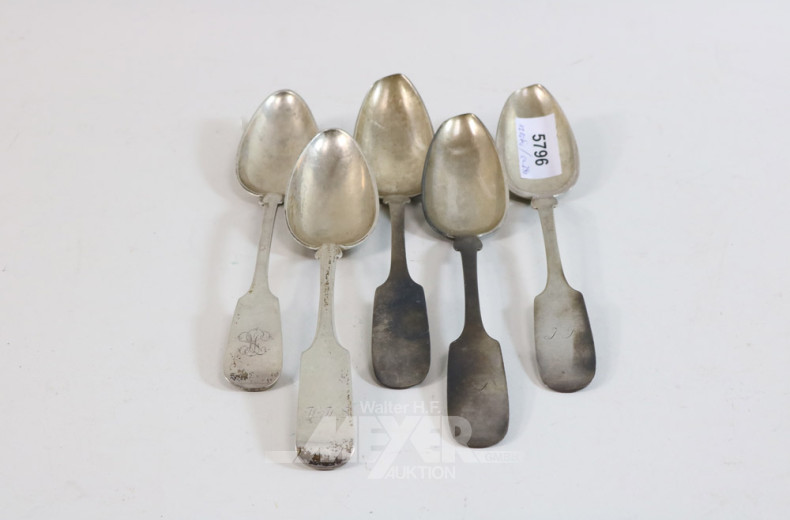 5 Biedermeier-Speiselöffel, 12-lötig
