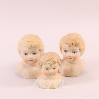 3 antike Puppenköpfe, farbig