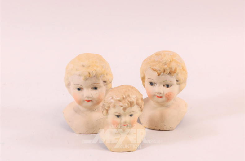 3 antike Puppenköpfe, farbig