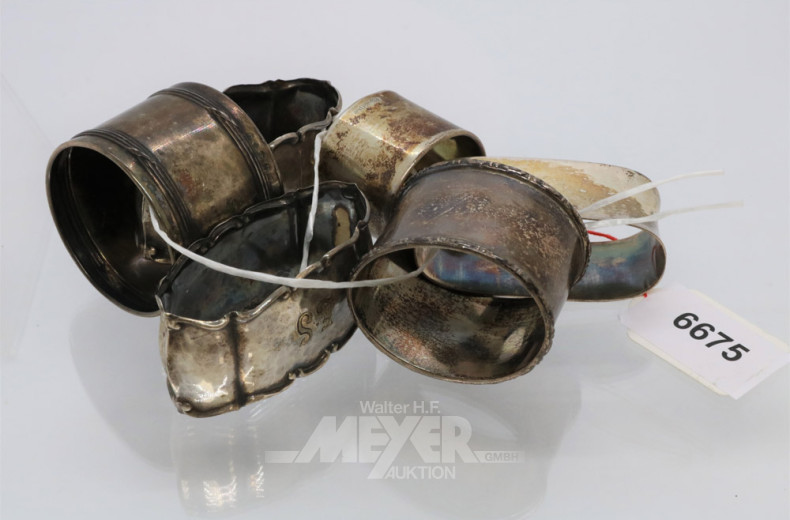 6 Serviettenringe, Silber, ca. 113 g.