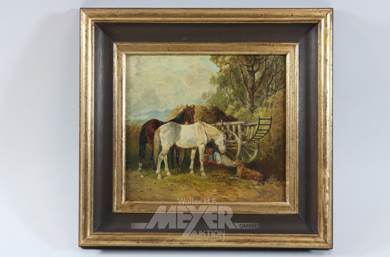 kl. Gemälde, ''Knabe unter Heuwagen''