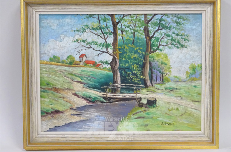 kl. Gemälde ''Steg über Bachlauf''