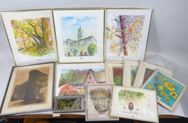 12 versch. Bilder, Gemälde und Aquarelle,