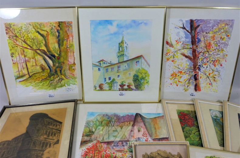 12 versch. Bilder, Gemälde und Aquarelle,