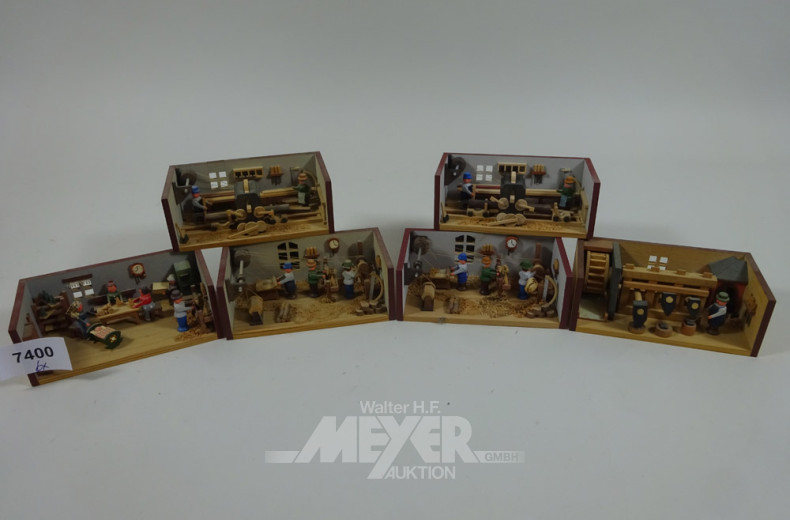 6 Miniatur-Holzpuppenszenen