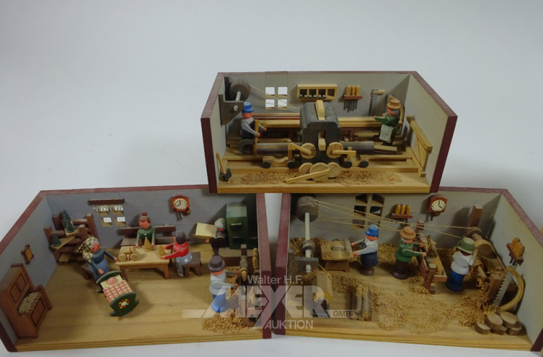 6 Miniatur-Holzpuppenszenen
