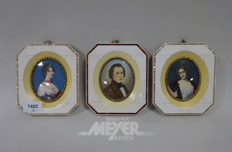 3 Miniaturen ''Damen- u. Herrenportraits''