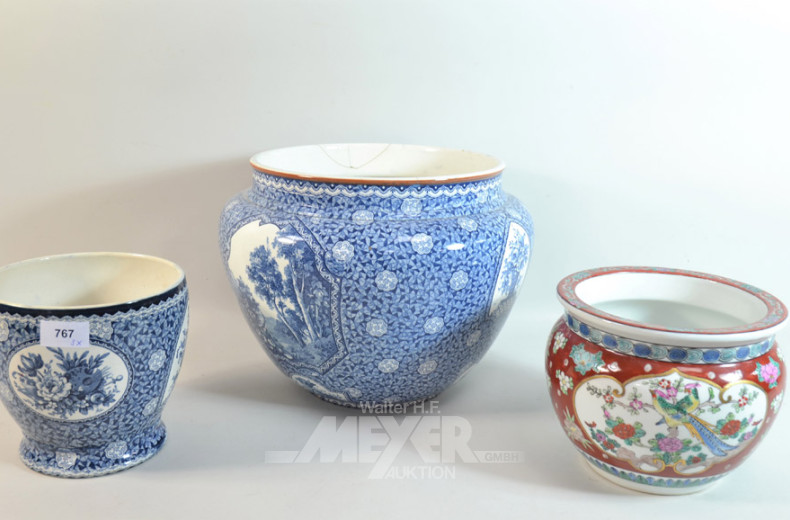 3 asiat. Überfangtopf, leicht bestoßen