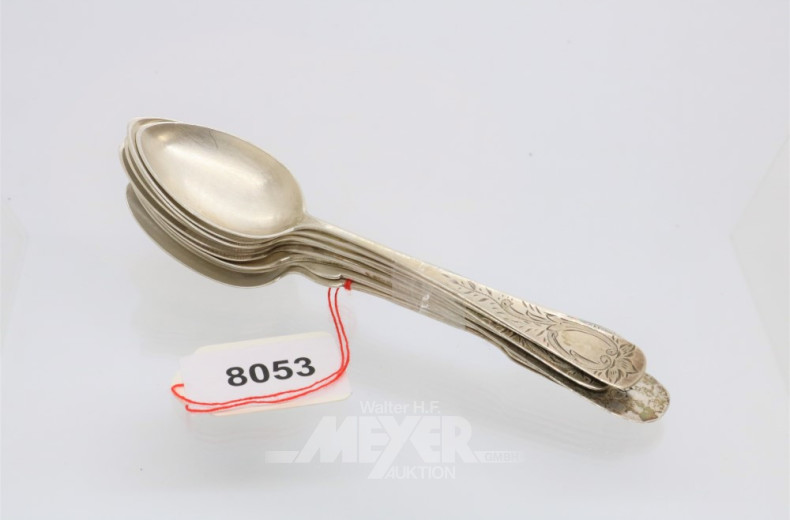 9 Kaffeelöffel Silber, ca. 90 g.