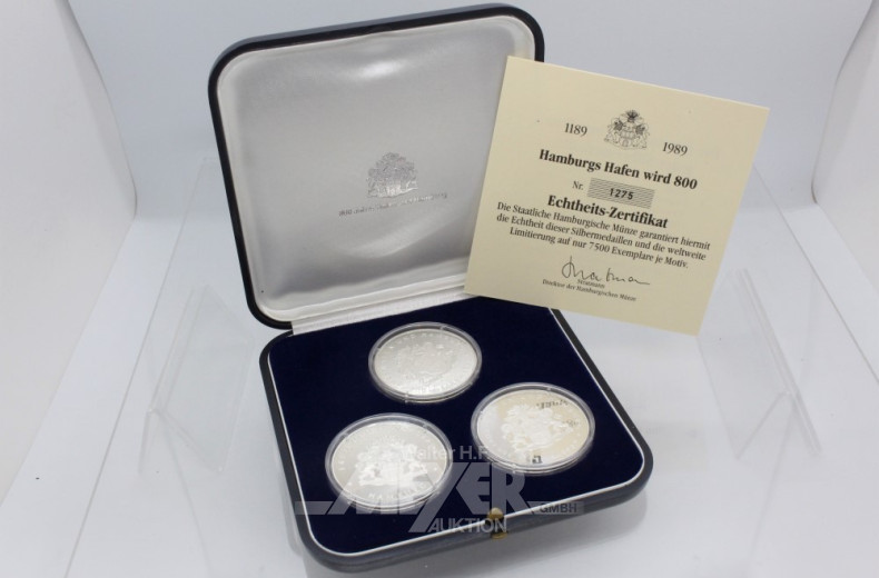 Etui mit 3 Silbermünzen, 999er Silber