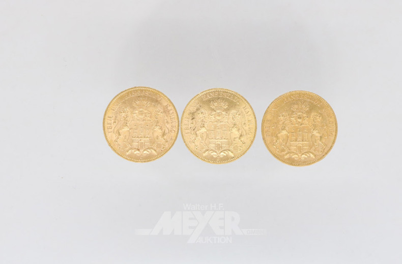 3 Goldmünzen 20 Mark, Deutsches Reich,