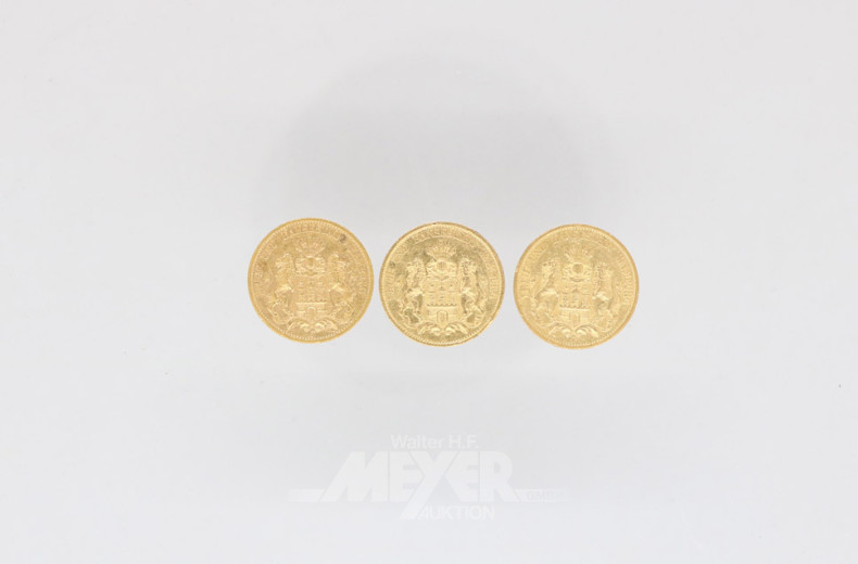 3 Goldmünzen 20 Mark, Deutsches Reich,