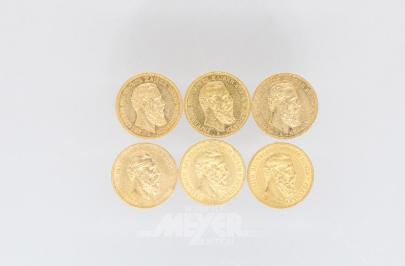 6 Goldmünzen 20 Mark, Deutsches Reich,