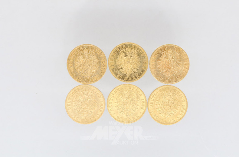 6 Goldmünzen 20 Mark, Deutsches Reich,