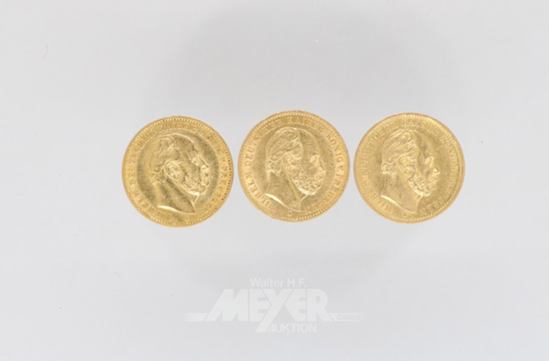 3 Goldmünzen 20 Mark, Deutsches Reich,