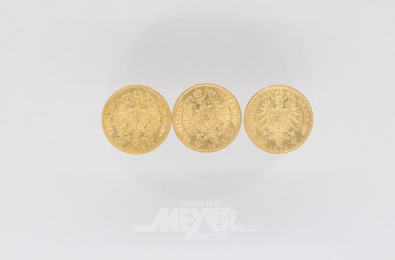 3 Goldmünzen 20 Mark, Deutsches Reich,