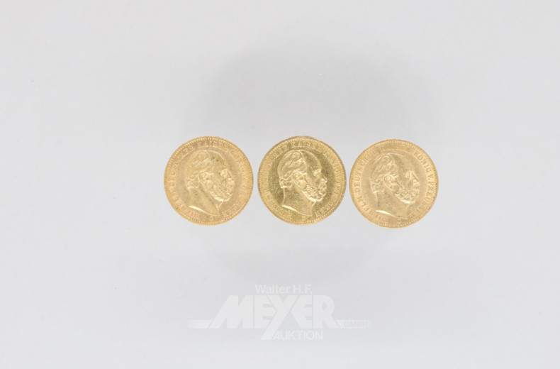 3 Goldmünzen 20 Mark, Deutsches Reich,