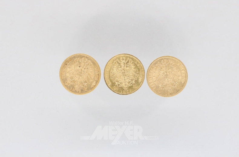 3 Goldmünzen 20 Mark, Deutsches Reich,