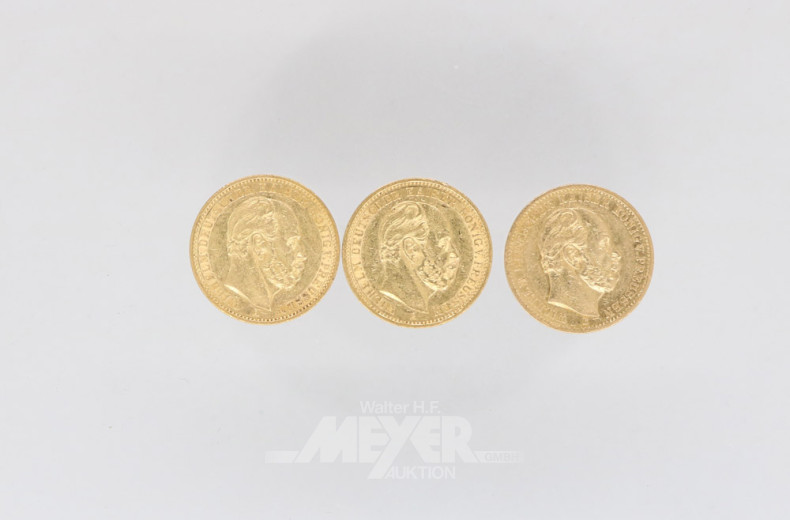 3 Goldmünzen 20 Mark, Deutsches Reich,