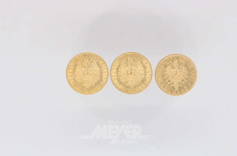 3 Goldmünzen 20 Mark, Deutsches Reich,