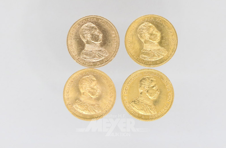 4 Goldmünzen 20 Mark, Deutsches Reich,