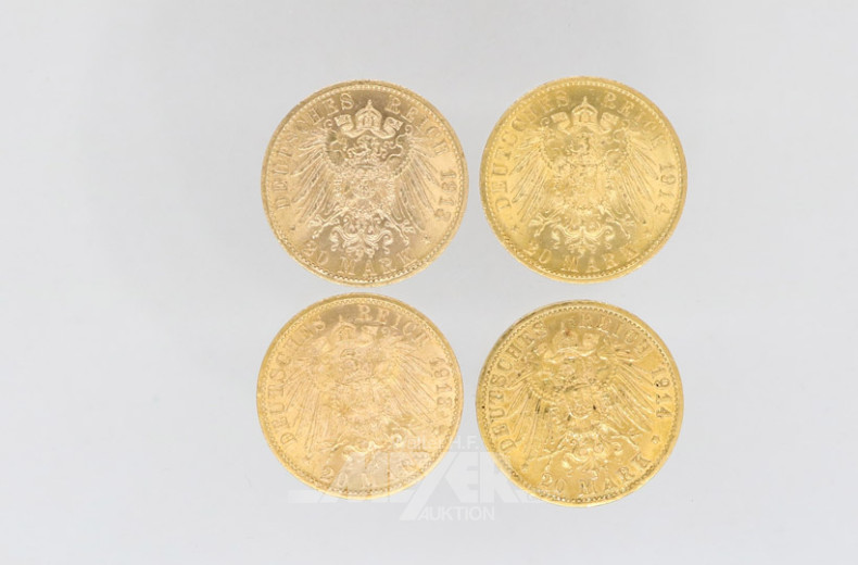 4 Goldmünzen 20 Mark, Deutsches Reich,
