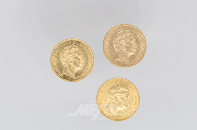 3 Goldmünzen 20 Mark, Deutsches Reich,