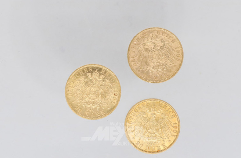 3 Goldmünzen 20 Mark, Deutsches Reich,