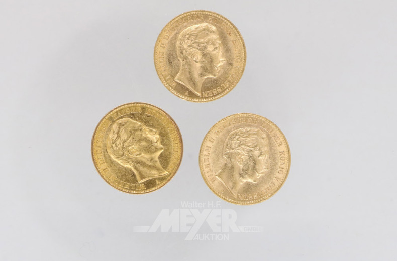 3 Goldmünzen 20 Mark, Deutsches Reich,