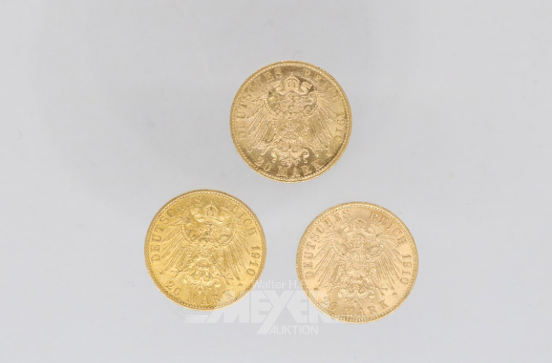 3 Goldmünzen 20 Mark, Deutsches Reich,