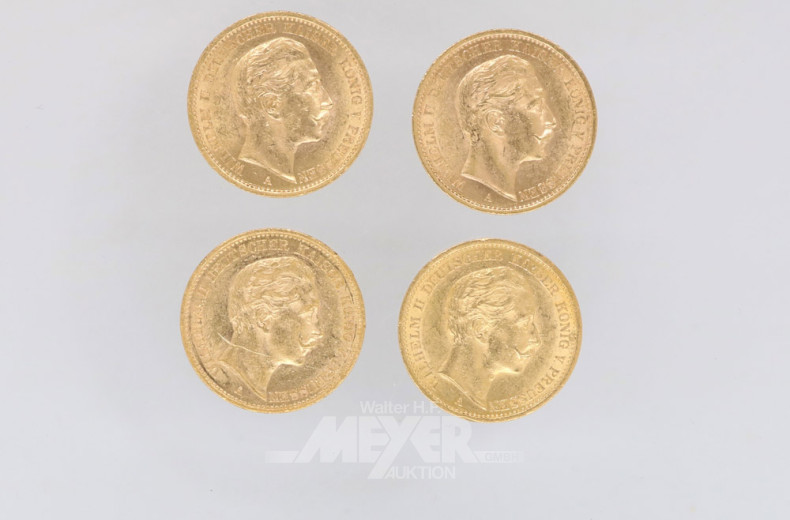 4 Goldmünzen 20 Mark, Deutsches Reich,