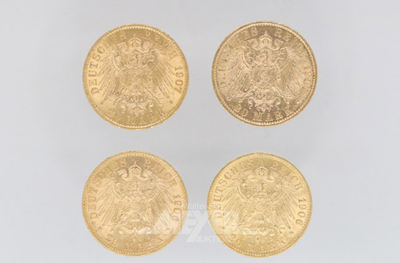 4 Goldmünzen 20 Mark, Deutsches Reich,