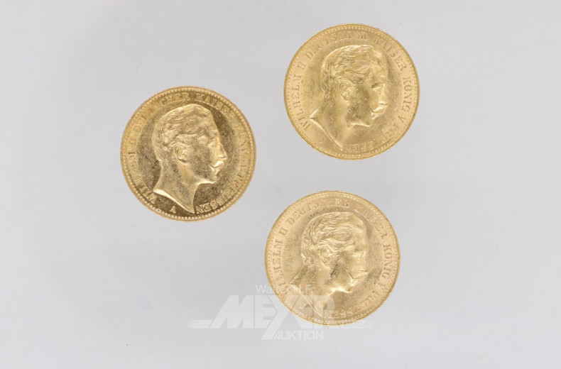 3 Goldmünzen 20 Mark, Deutsches Reich,