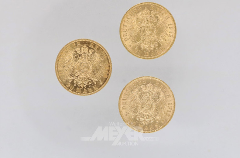 3 Goldmünzen 20 Mark, Deutsches Reich,