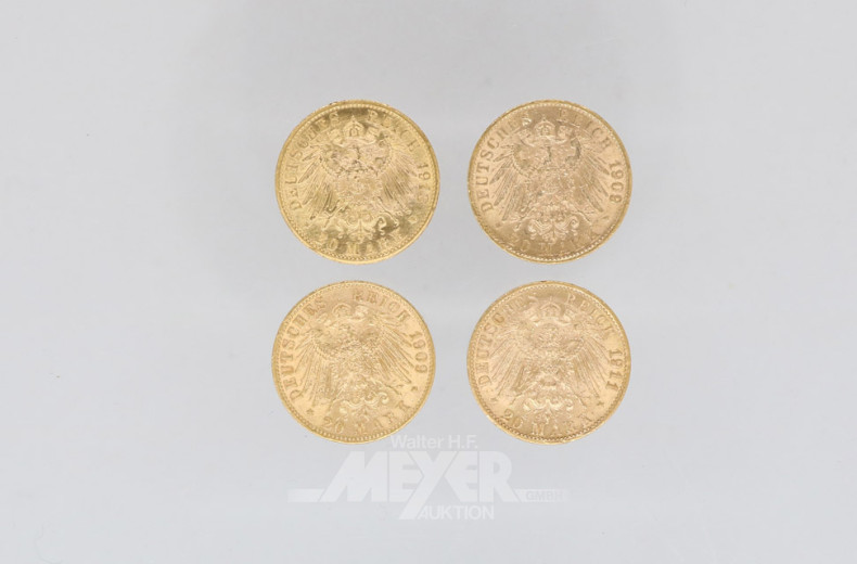 4 Goldmünzen 20 Mark, Deutsches Reich,