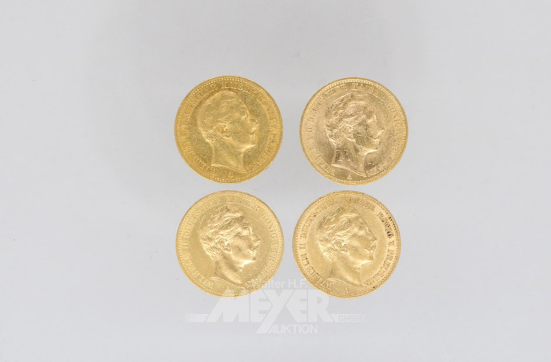 4 Goldmünzen 20 Mark, Deutsches Reich,