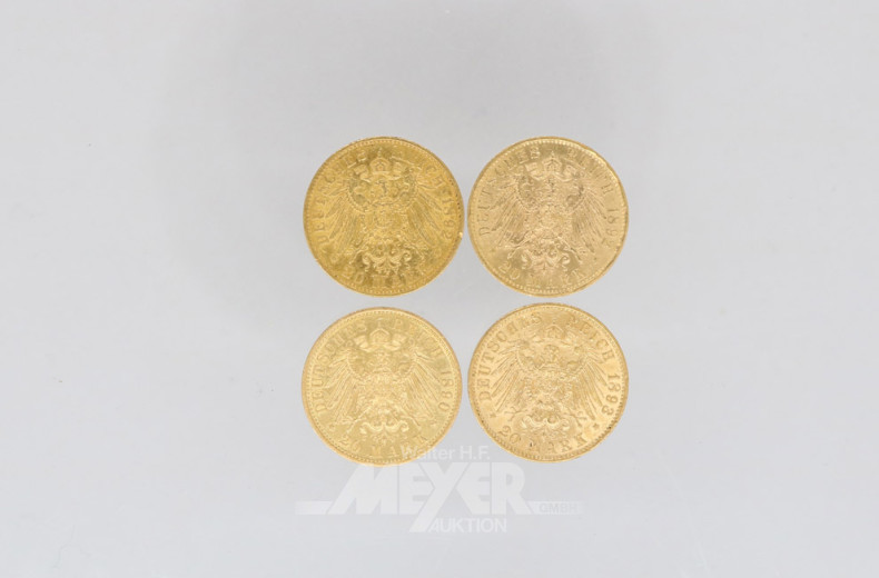 4 Goldmünzen 20 Mark, Deutsches Reich,