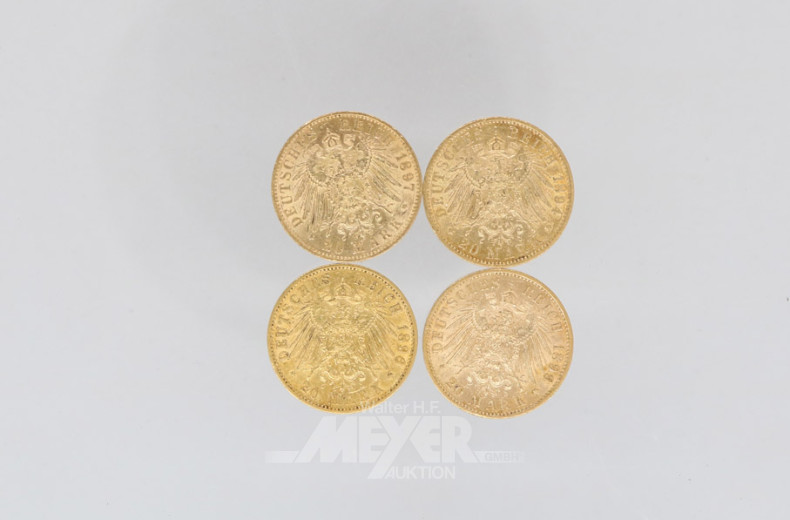 4 Goldmünzen 20 Mark, Deutsches Reich,