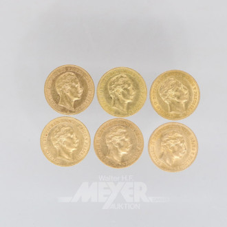 6 Goldmünzen 10 Mark, Deutsches Reich,