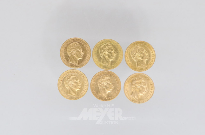 6 Goldmünzen 10 Mark, Deutsches Reich,