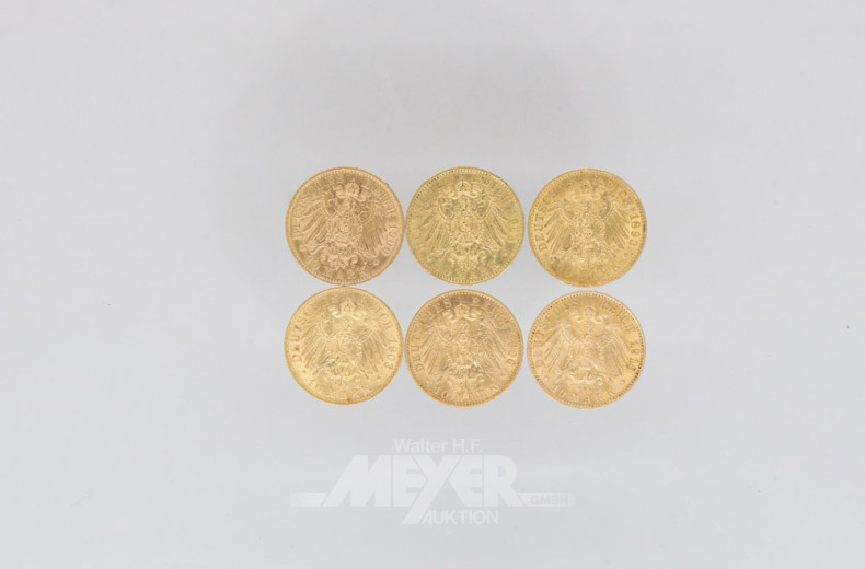 6 Goldmünzen 10 Mark, Deutsches Reich,