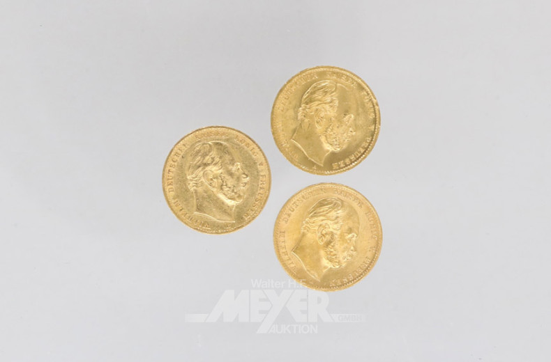 3 Goldmünzen 10 Mark, Deutsches Reich,
