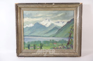 Gemälde ''Dorfansicht vor Gebirgssee''