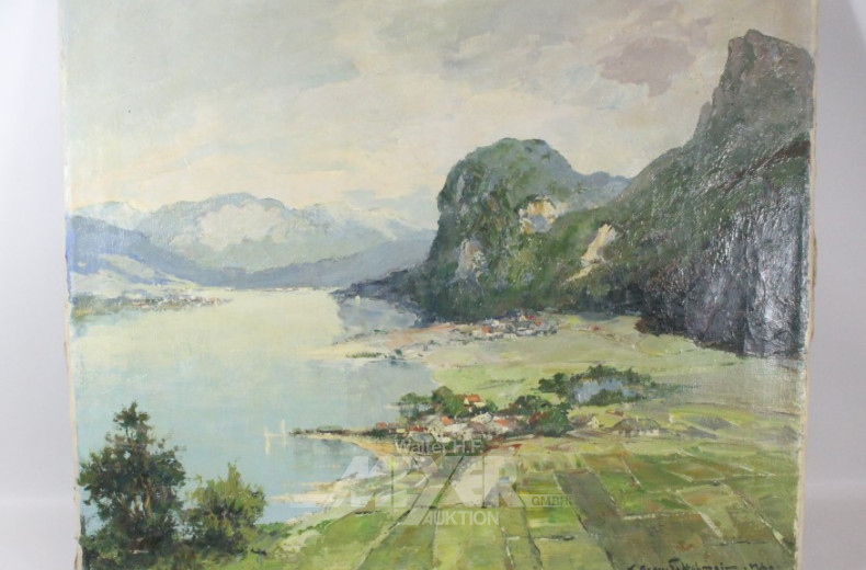 Gemälde ''Gebirgssee mit Dorfansicht'',