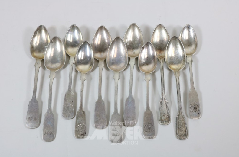 11 versch. Kaffeelöffel, Silber, ca. 215