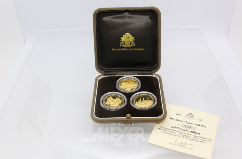 3 Gold-Gedenkmedaillen,Feingold 24 Karat