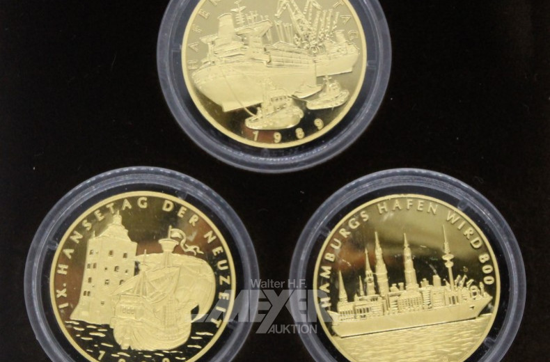 3 Gold-Gedenkmedaillen,Feingold 24 Karat