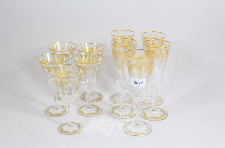 10 Gläser, Sekt und Wein mit Golddekor