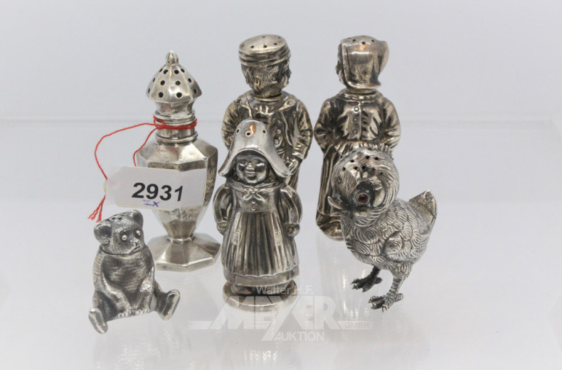 7 versch. Gewürzstreuer, tlw. 800er Silber