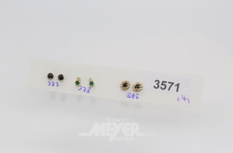 3 Paar Ohrstecker, 333er/585er GG, ca. 4